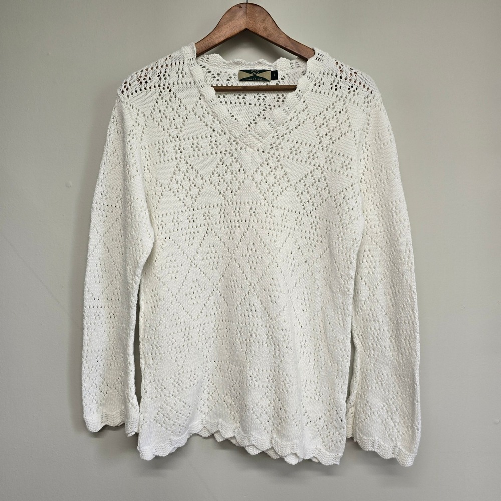 525 America Pointelle Knit Sweater Womens Large‎ White Scalloped Cottagecore